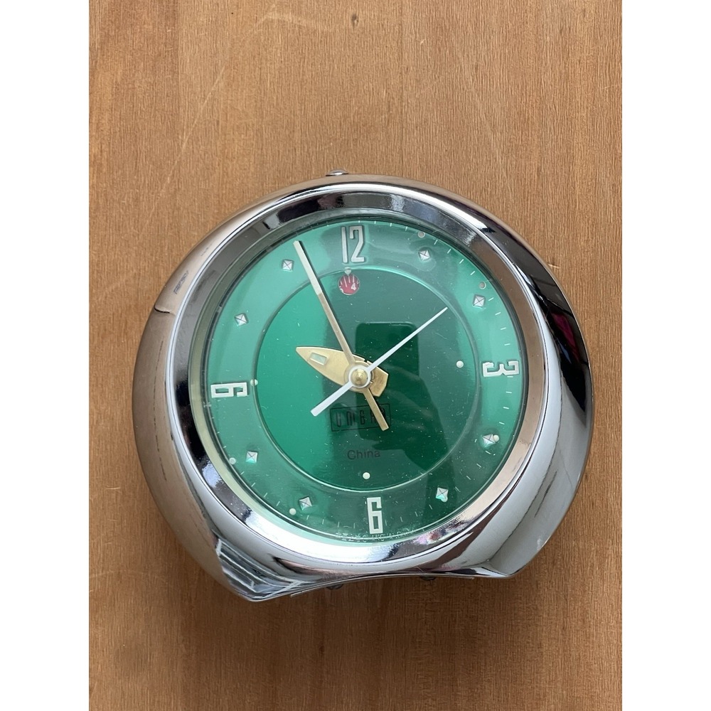 Vintage Umbra‎ Mechanical Wind-Up Alarm Clock Green Dial Chrome Case Twist Works